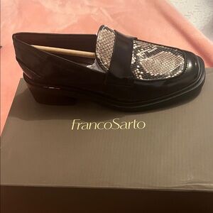 Franco Sarto Black and Snake Print Loafers